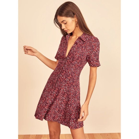 Reformation Dresses & Skirts - Reformation Johanne Dress Short Sleeve Mini Crepe Floral Shirt-Dress Maroon M